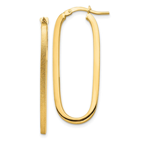 14k Yellow Gold Elongated Oval Hoop Earrings, High Polish and Textured Finish, Minimalist Style