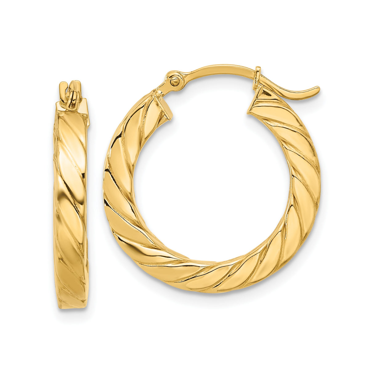 14k Yellow Gold Hoop Earrings, Medium Twisted Square Tube with Polished Finish