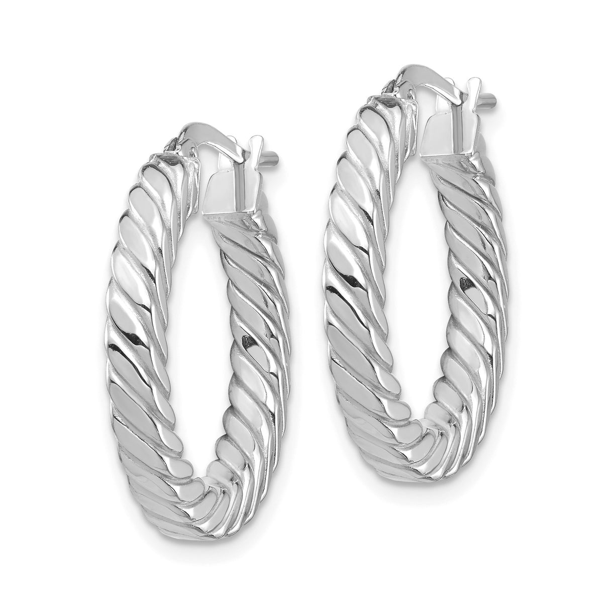 14k White Gold Twisted Hoop Earrings with Polished Rope Texture, Lightweight Modern Design