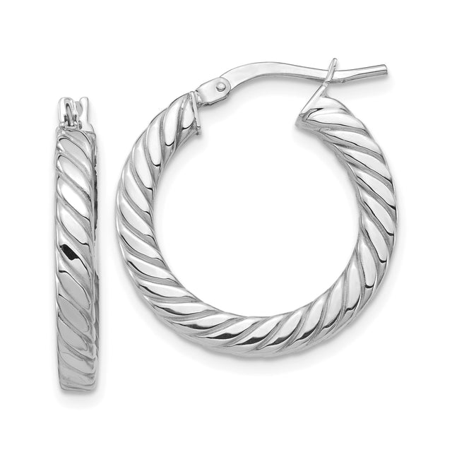 14k White Gold Twisted Hoop Earrings with Polished Rope Texture, Lightweight Modern Design