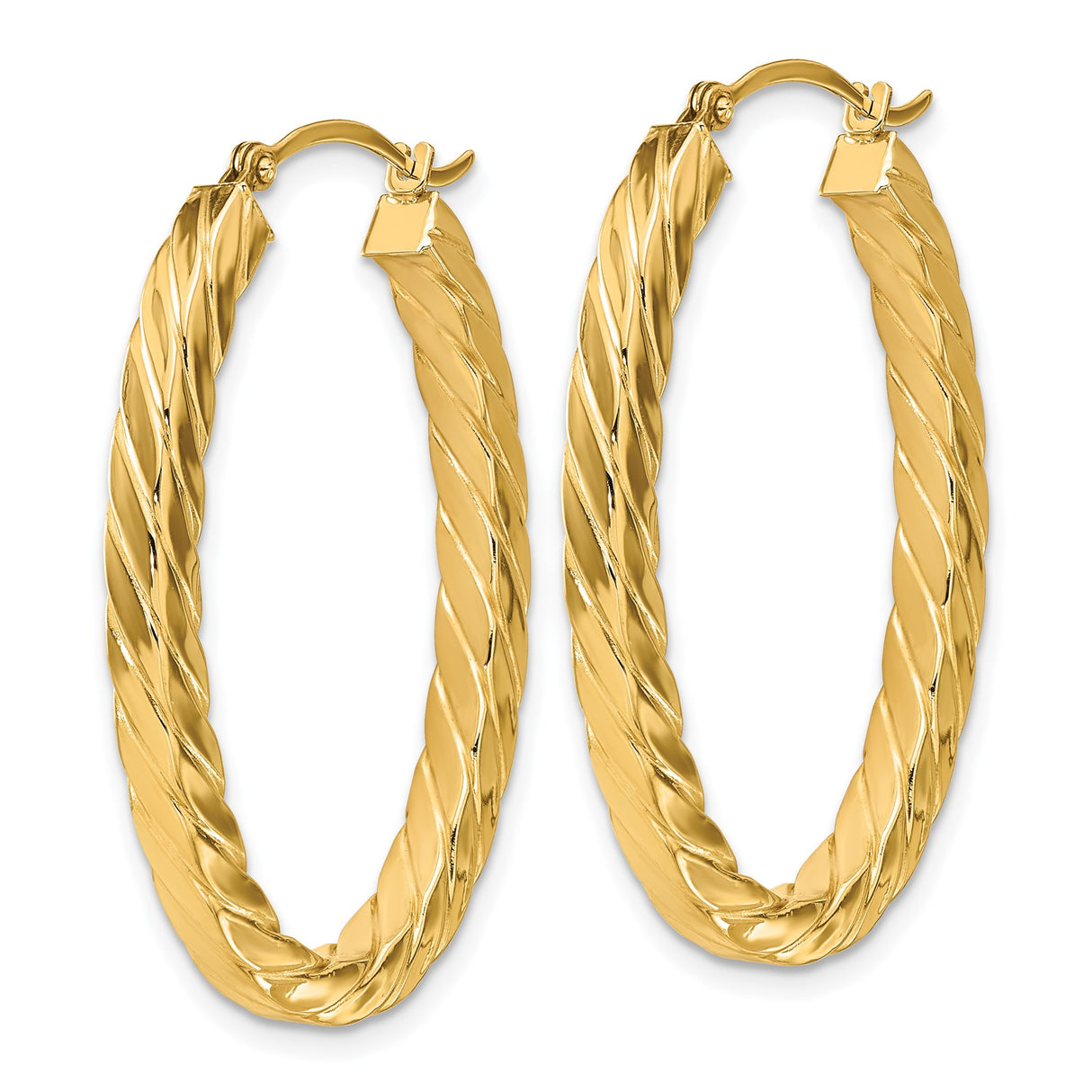 14k Yellow Gold Hoop Earrings, Twisted Oval Design with Diagonal Ribbed Texture, Medium Size