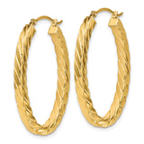 14k Yellow Gold Hoop Earrings, Twisted Oval Design with Diagonal Ribbed Texture, Medium Size