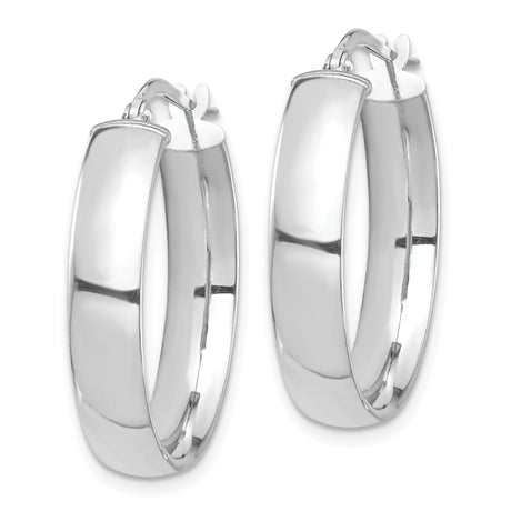 14k White Gold Hoop Earrings, Polished Medium Rounded Design with Hinged Clasp