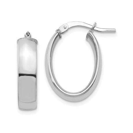 14k White Gold Oval Hoop Earrings, High Polish Finish, Hinged Snap Back, Lightweight Design