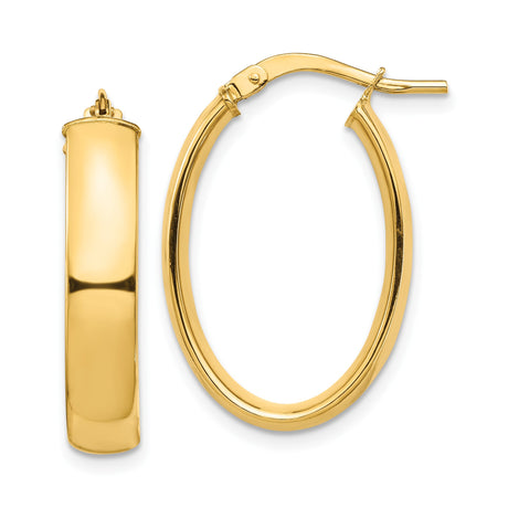 14k Yellow Gold Oval Hoop Earrings, Hinged Clasp, High Polish Finish, Lightweight Classic Design