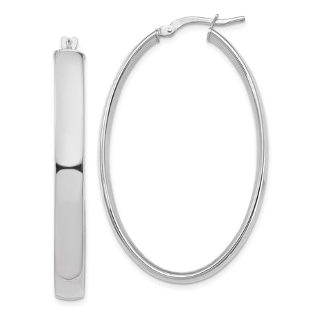 14k White Gold Oval Hoop Earrings, Sleek High Polish Finish, Classic Minimalist Style