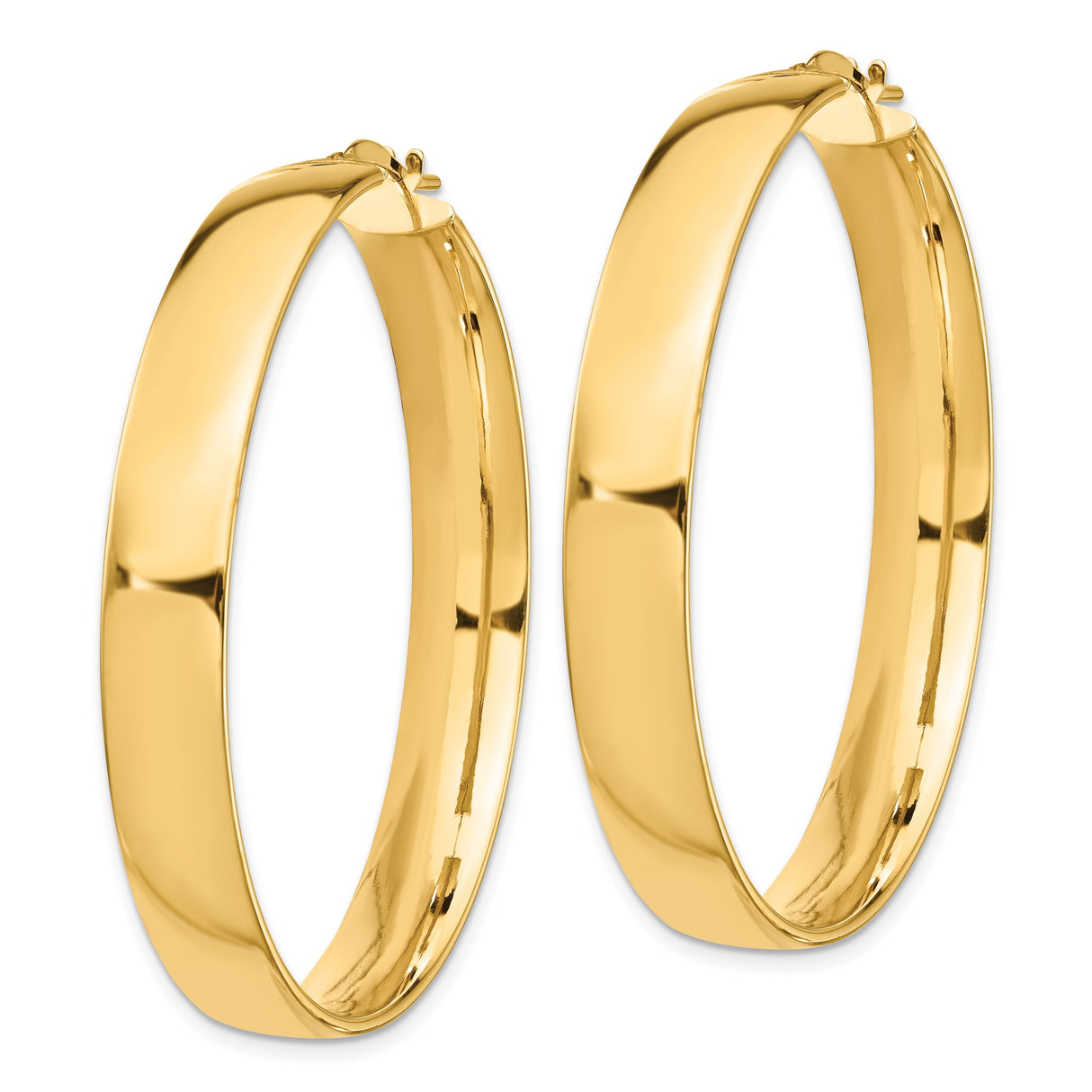 14k Yellow Gold Hoop Earrings, Large Flat Edge Design with High Polish Finish