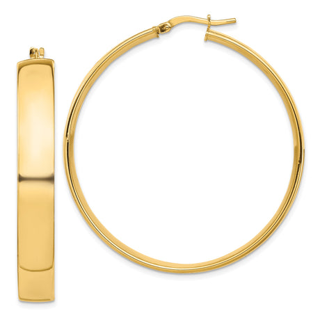 14k Yellow Gold Hoop Earrings, Large Flat Edge Design with High Polish Finish