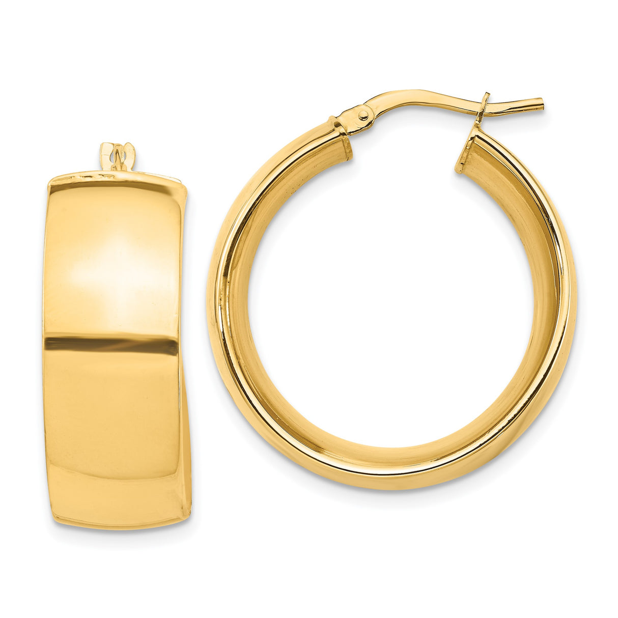 14k Yellow Gold Hoop Earrings, High-Polish Wide Hoops with Hinged Closure, Minimalist Design for Women