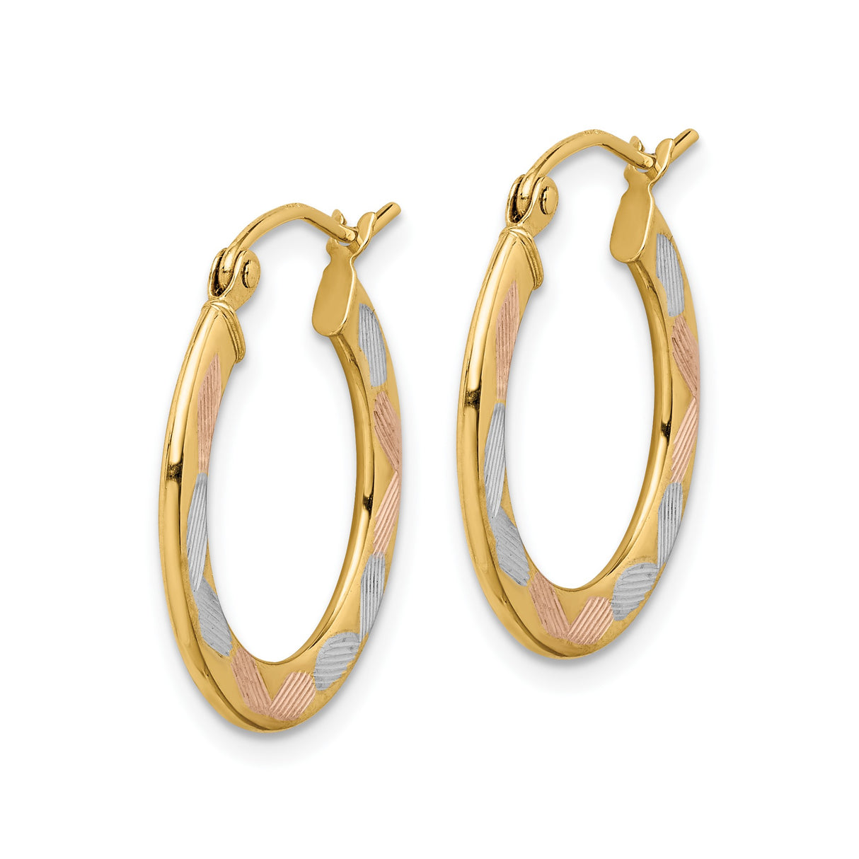 14k Tri-Color Gold Hoop Earrings with Rhodium and Rose Gold Accents, Textured Finish