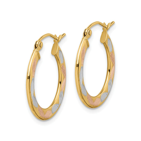14k Tri-Color Gold Hoop Earrings with Rhodium and Rose Gold Accents, Textured Finish