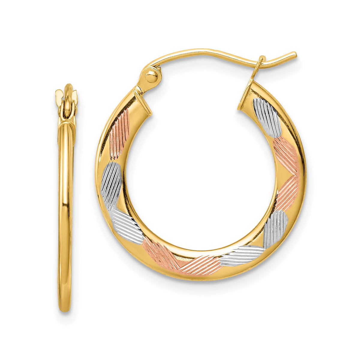 14k Tri-Color Gold Hoop Earrings with Rhodium and Rose Gold Accents, Textured Finish