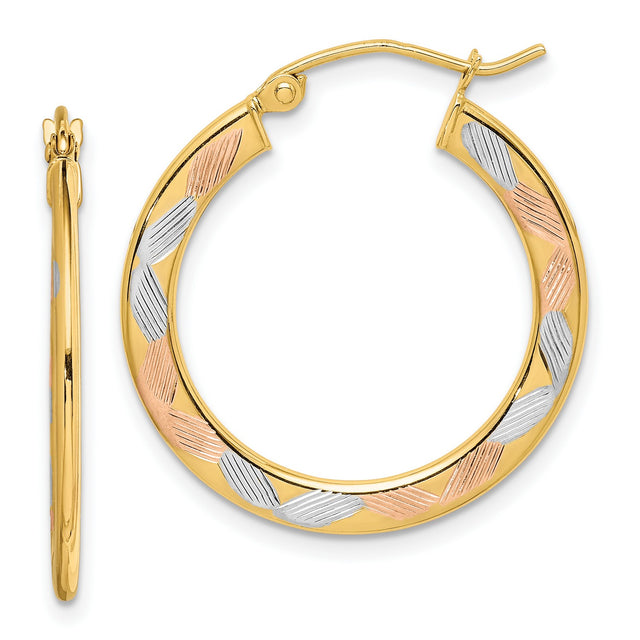 14k Yellow Gold Hoop Earrings with Diamond-Cut Tri-Color Interwoven Design for Women
