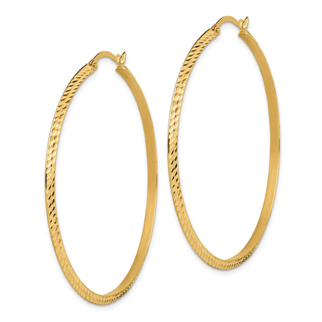 14k Yellow Gold Hoop Earrings, Textured Finish with Diamond Cut Detailing, Lightweight Classic Style