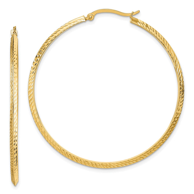 14k Yellow Gold Hoop Earrings, Textured Finish with Diamond Cut Detailing, Lightweight Classic Style