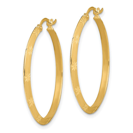 14k Yellow Gold Hoop Earrings with Starburst Engraving and Floral Etching