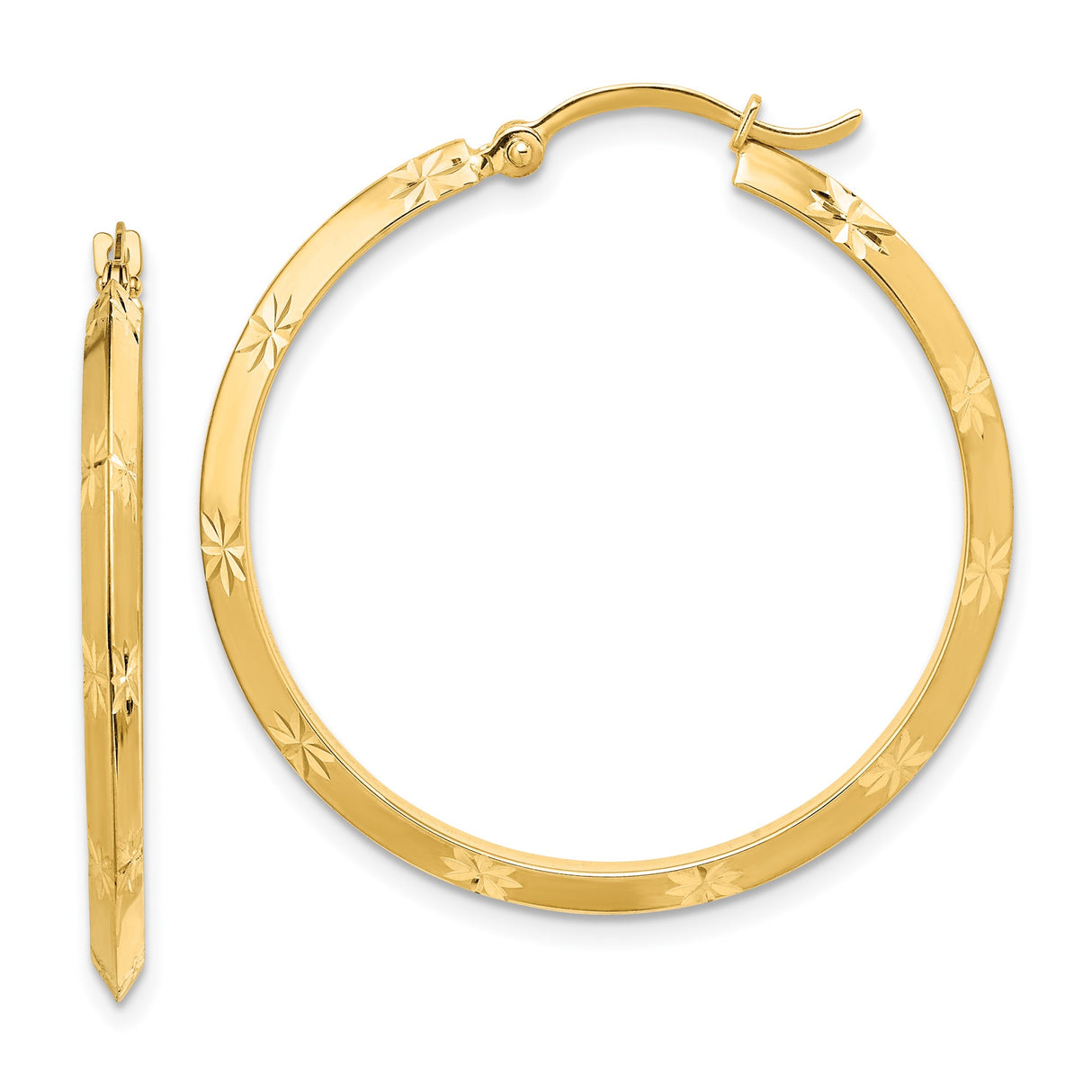 14k Yellow Gold Hoop Earrings with Starburst Engraving and Floral Etching
