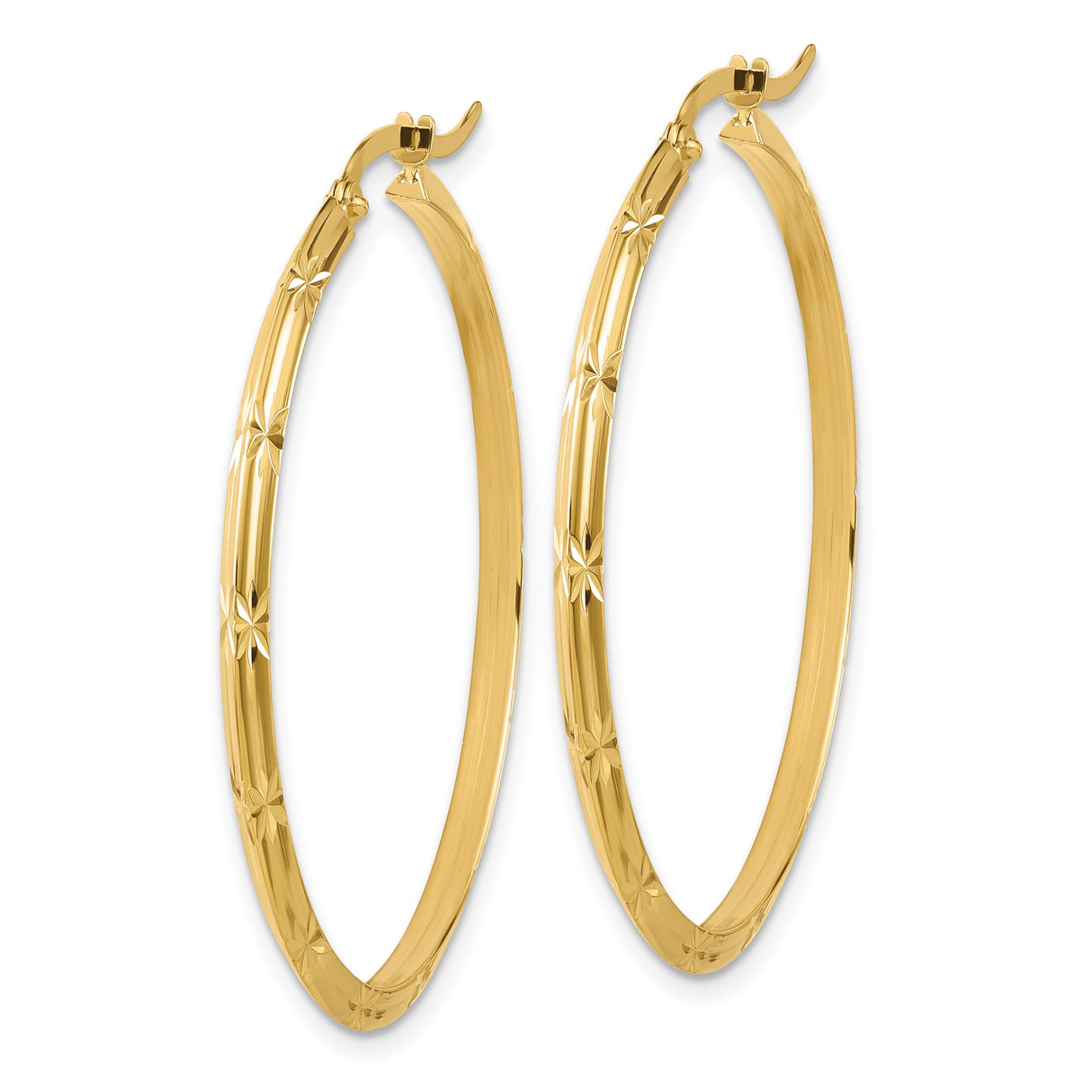 14k Yellow Gold Hoop Earrings, Diamond Cut Starburst Pattern, Lightweight Textured Design