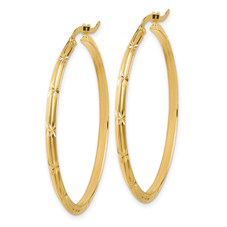14k Yellow Gold Hoop Earrings, Diamond Cut Starburst Pattern, Lightweight Textured Design