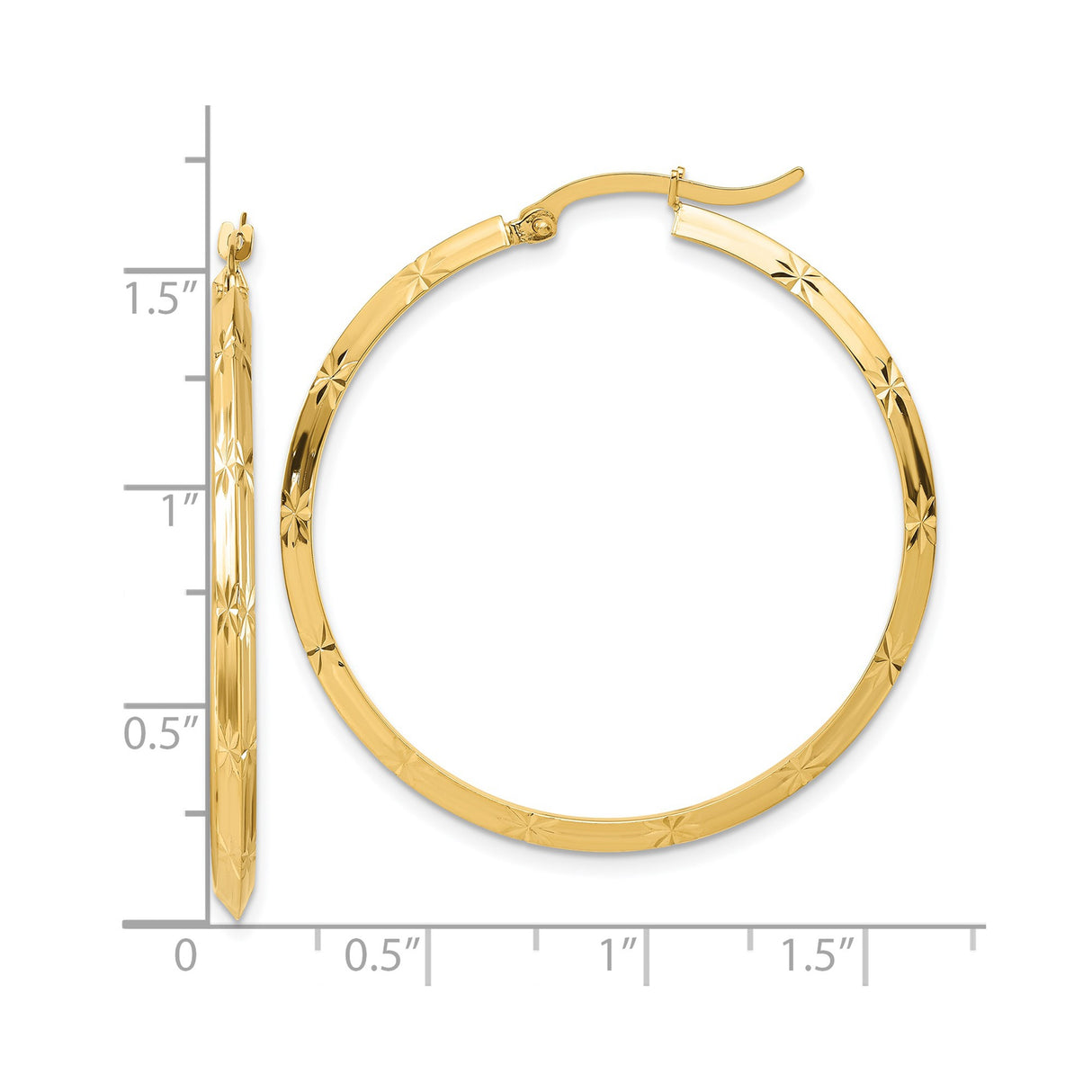14k Yellow Gold Hoop Earrings, Diamond Cut Starburst Pattern, Lightweight Textured Design