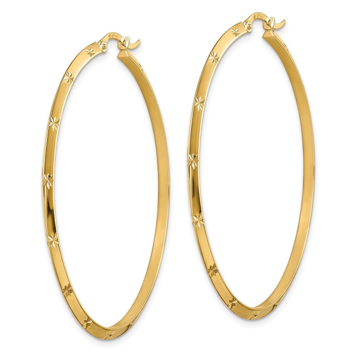 14k Yellow Gold Hoop Earrings, Large Lightweight Starburst Design with Etched Detail