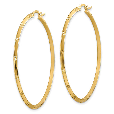 14k Yellow Gold Hoop Earrings, Large Lightweight Starburst Design with Etched Detail