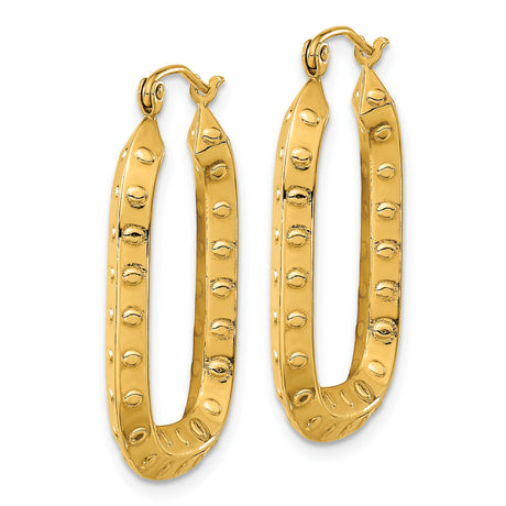 14k Yellow Gold Hoop Earrings, Elongated Oval with Embossed Dots and Link Design
