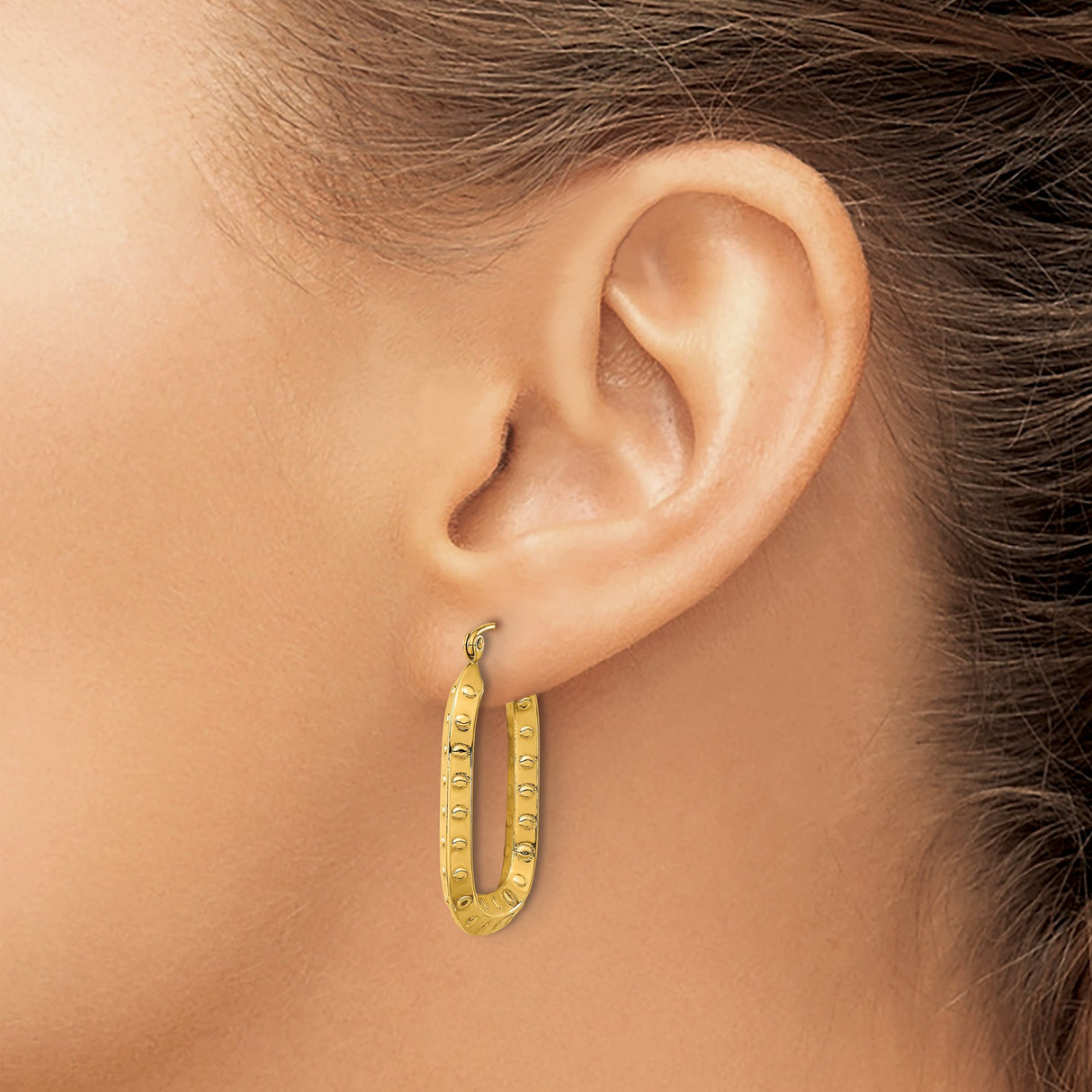 14k Yellow Gold Hoop Earrings, Elongated Oval with Embossed Dots and Link Design