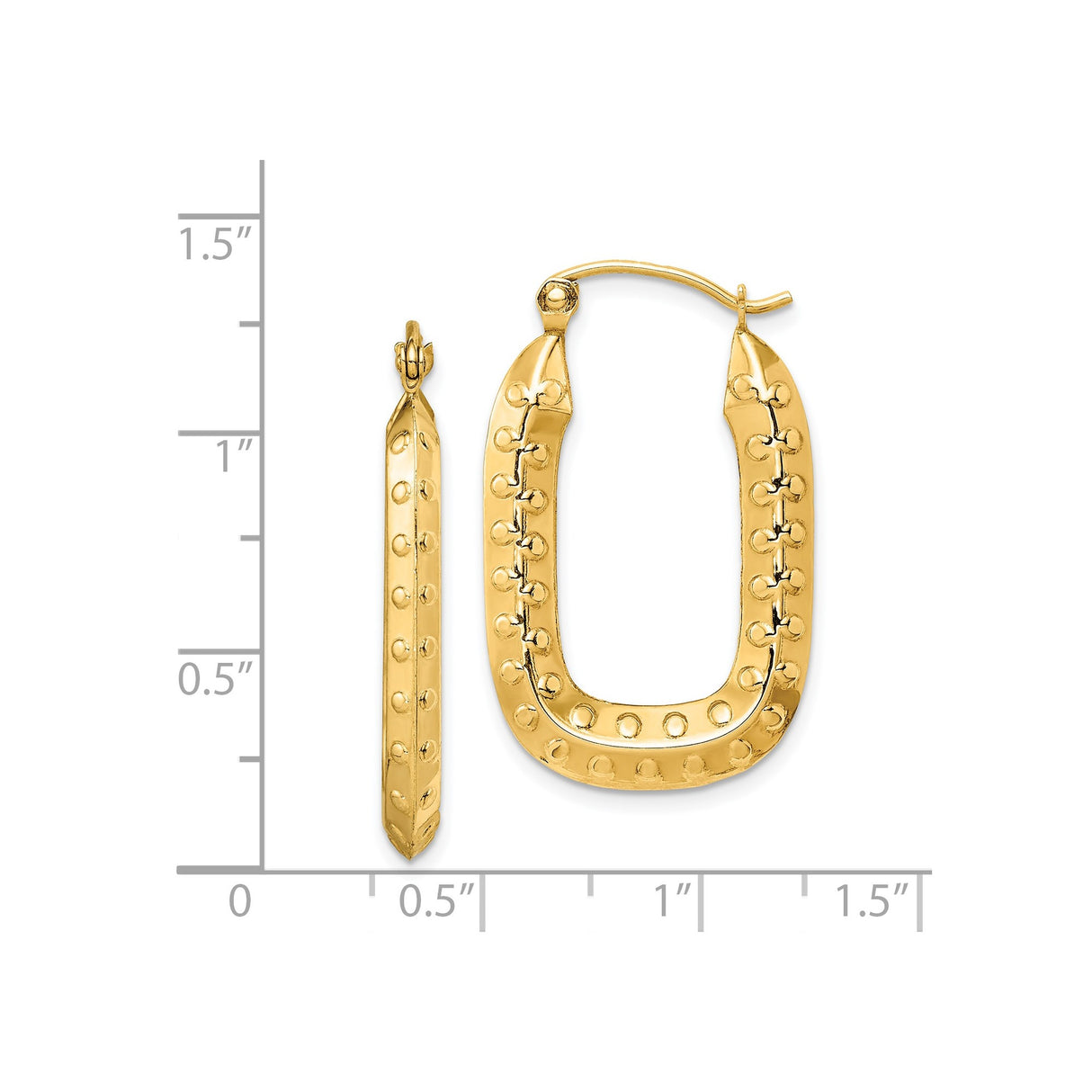 14k Yellow Gold Hoop Earrings, Elongated Oval with Embossed Dots and Link Design