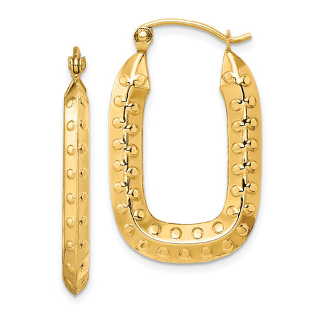 14k Yellow Gold Hoop Earrings, Elongated Oval with Embossed Dots and Link Design