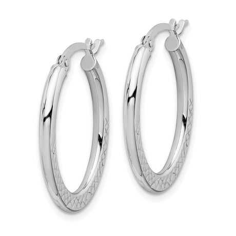 14k White Gold Oval Hoop Earrings with Polished Finish and Diamond Cut Texture