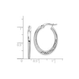 14k White Gold Oval Hoop Earrings with Polished Finish and Diamond Cut Texture
