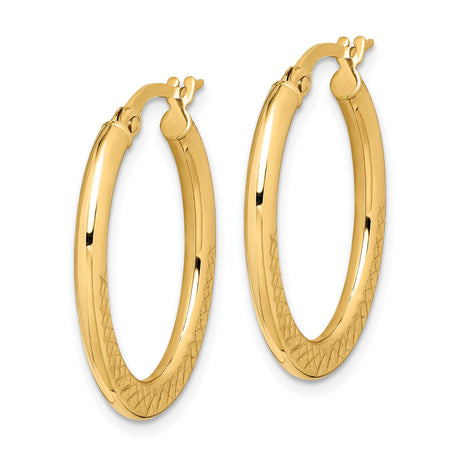 14k Yellow Gold Oval Hoop Earrings with Diamond Cut Textured Design, Latch-Back Closure