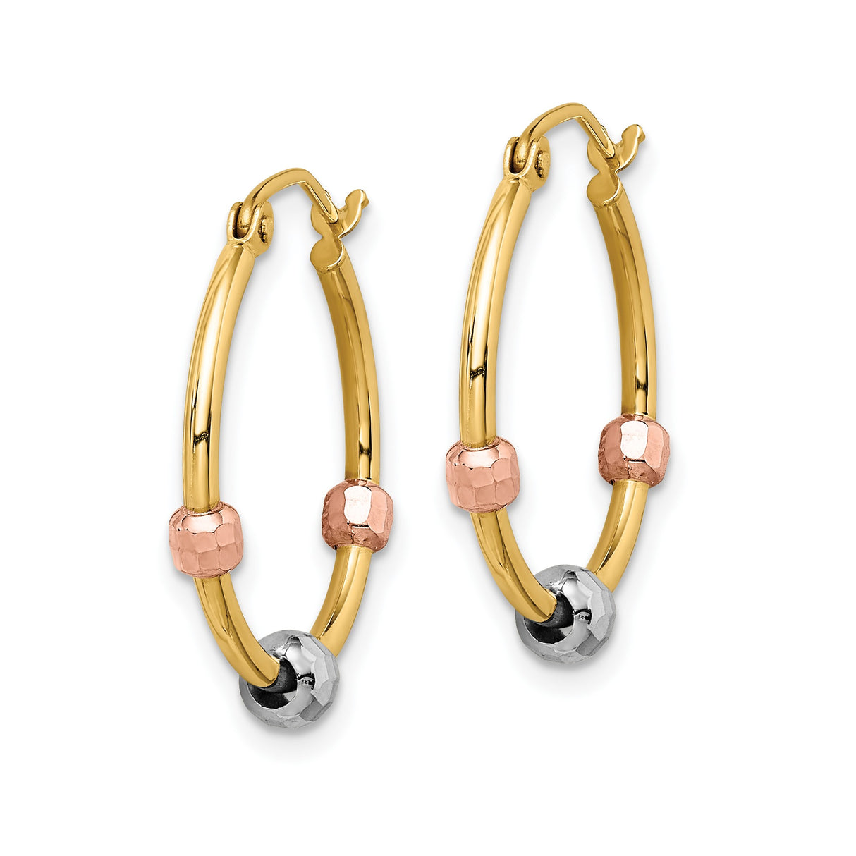 14k Tri Color Gold Hoop Earrings with Faceted Beads, Textured Classic Design for Women