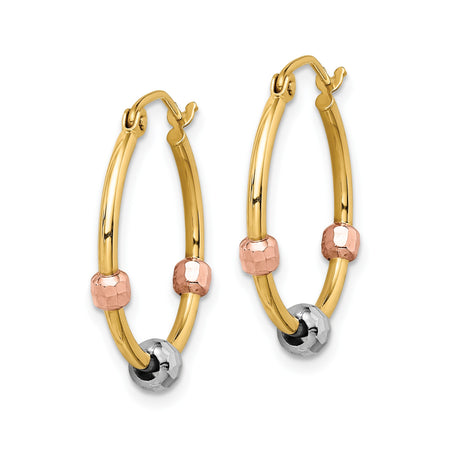 14k Tri Color Gold Hoop Earrings with Faceted Beads, Textured Classic Design for Women