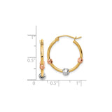 14k Tri Color Gold Hoop Earrings with Faceted Beads, Textured Classic Design for Women