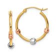 14k Tri Color Gold Hoop Earrings with Faceted Beads, Textured Classic Design for Women
