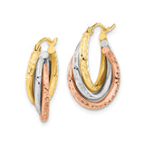 14k Yellow Gold Hoop Earrings with Intertwined Tri Color Hammered Bands