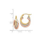 14k Yellow Gold Hoop Earrings with Intertwined Tri Color Hammered Bands