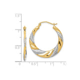 14k Yellow Gold and White Gold Twisted Diamond Cut Hoop Earrings, Polished Textured Design for Women