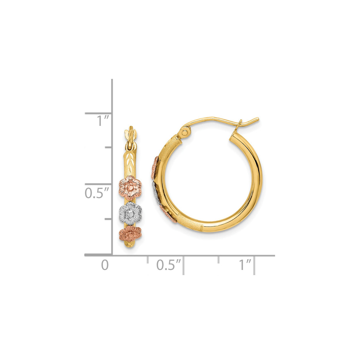14k Tri-Color Gold Hoop Earrings with Rose, White, and Yellow Gold Floral Design