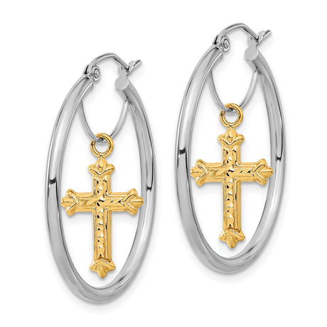 14k Two-Tone Gold Hoop Earrings with Dangle Cross and Crucifix Charms for Women