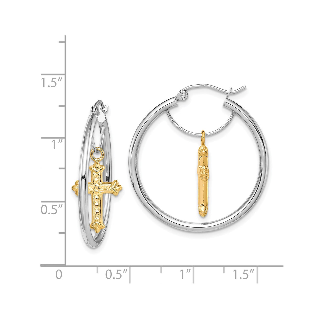 14k Two-Tone Gold Hoop Earrings with Dangle Cross and Crucifix Charms for Women