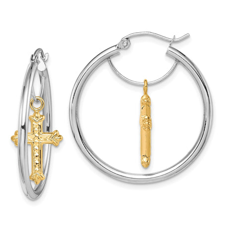 14k Two-Tone Gold Hoop Earrings with Dangle Cross and Crucifix Charms for Women