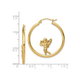 14k Yellow Gold Hoop Earrings with Angel Playing Harp and Detailed Wings, Christian Jewelry
