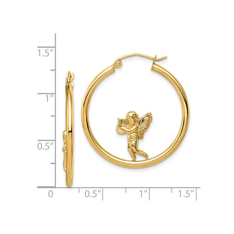 14k Yellow Gold Hoop Earrings with Angel Playing Harp and Detailed Wings, Christian Jewelry