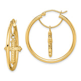 14k Yellow Gold Hoop Earrings with Crucifix Charms, Religious Christian Dangle Style for Women