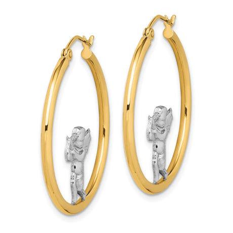 14k Yellow Gold Hoop Earrings with Angel Playing Harp Design, Christian Jewelry for Women