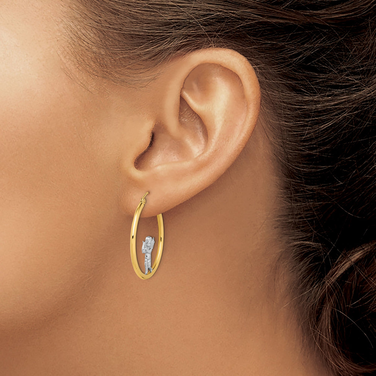 14k Yellow Gold Hoop Earrings with Angel Playing Harp Design, Christian Jewelry for Women