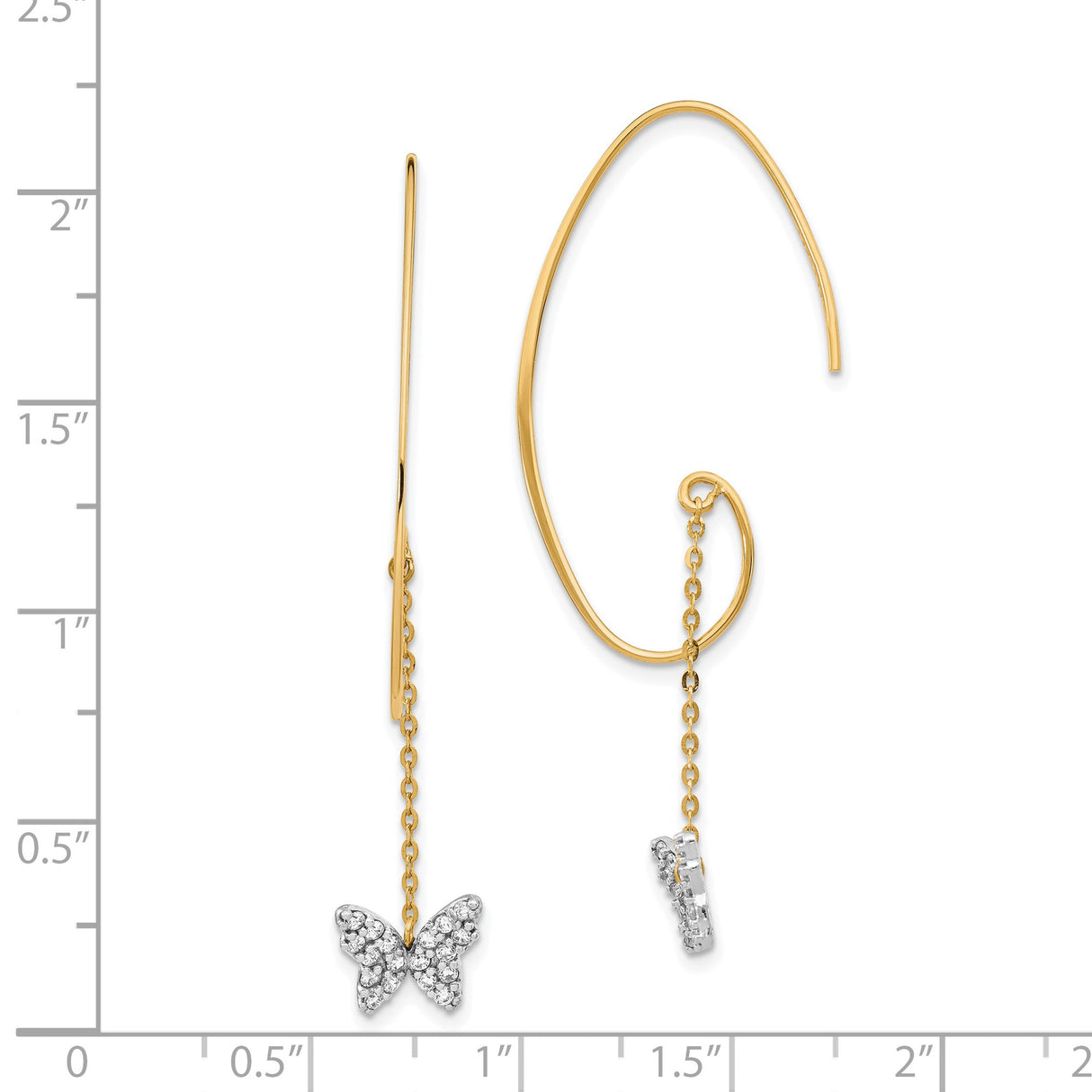 14k Yellow Gold Threader Earrings with Cubic Zirconia, Two-Tone Butterfly Charm Design